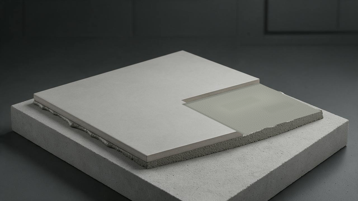 Illustrative cutaway of a light-coloured tile. A removed corner exposes a grey adhesive layer on a cement substrate; the tile edge, adhesive and substrate are visible as three separate layers.
