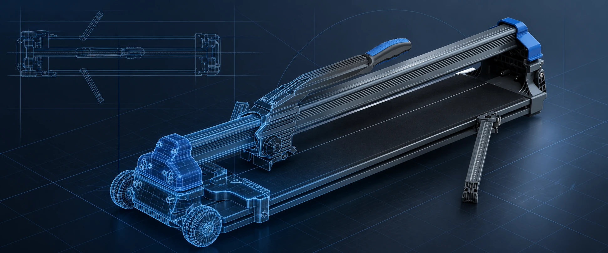 RAIZI concept illustration: a blue wireframe transitions into a metal tile cutter, beside a technical drawing.