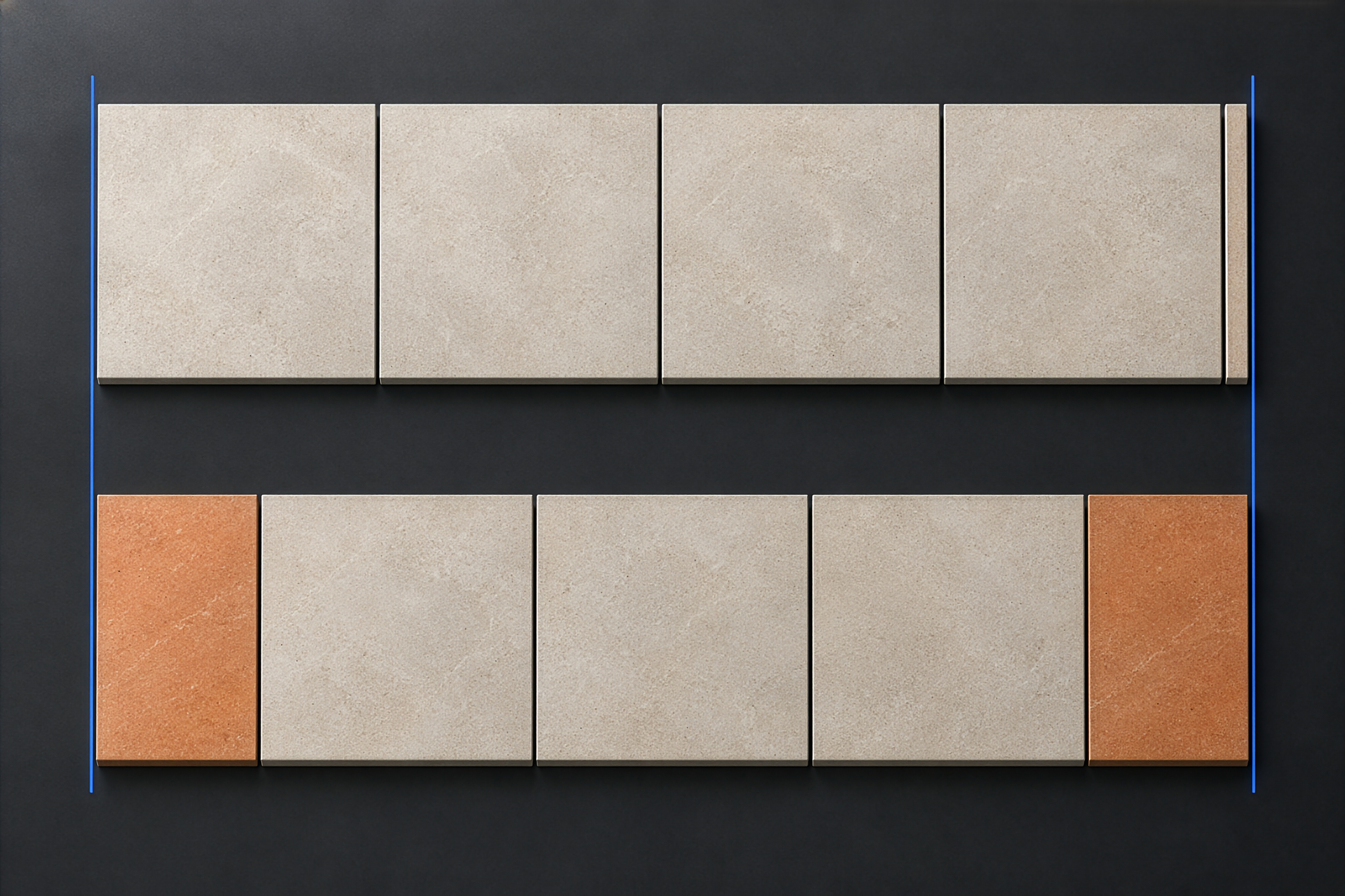 A 2,450 mm row with four 600 mm tiles and a 38 mm end piece, compared with three full tiles and two 319 mm end pieces. Each layout includes four 3 mm grout joints.