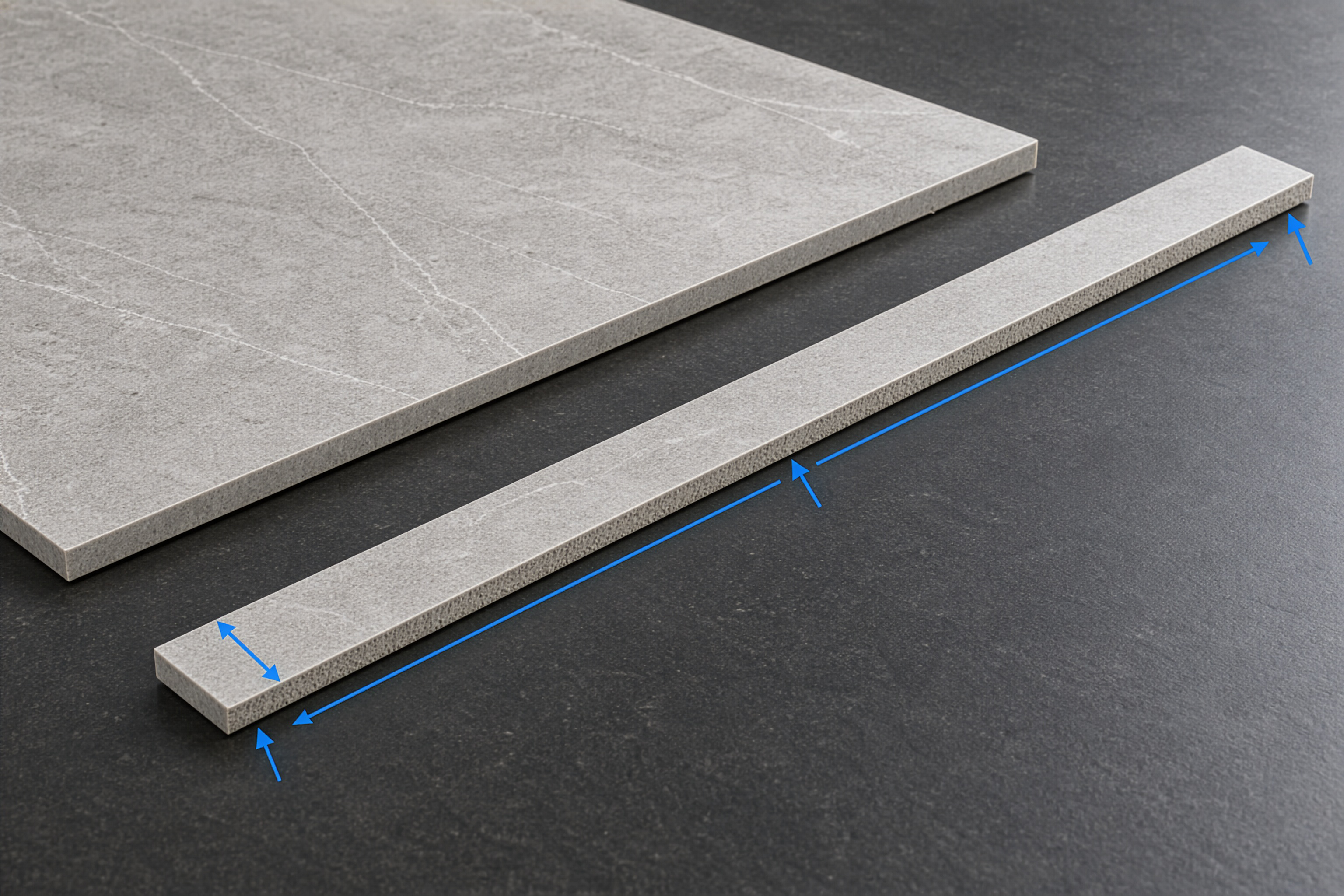An illustrative narrow strip from the same material as the parent tile. Blue arrows indicate width, full length and inspection points along the entire edge: start, middle and end. No trial result is depicted.