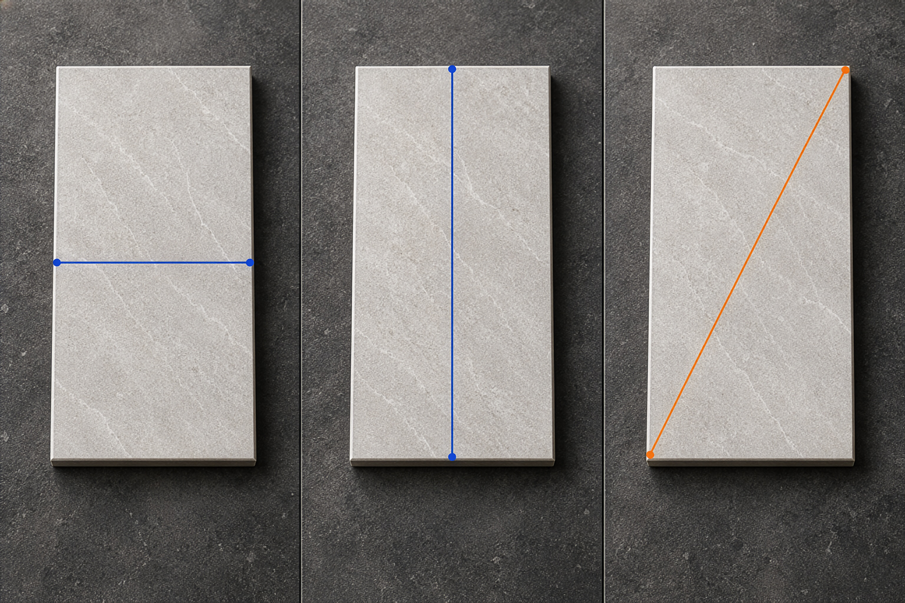 View A: the same portrait tile with a blue line parallel to the shorter edge, both endpoints visible.